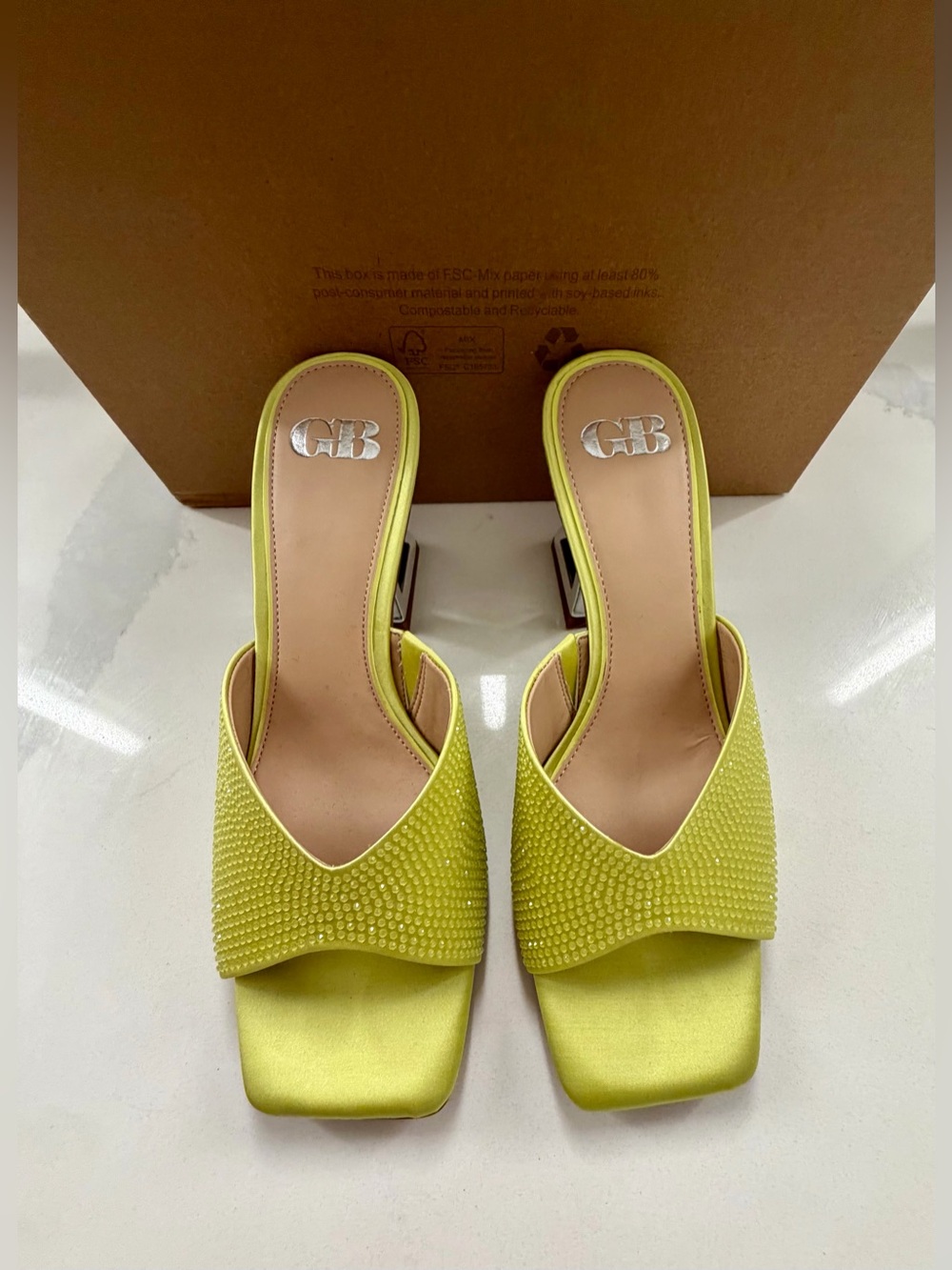 Gianni Bini - Lime Rhinestone Satin Mule Heels - New - 37